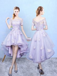 Glittering Lavender Damas Dress Prom and Party and Wedding Party with Lace Off The Shoulder Short Sleeves Lace Up