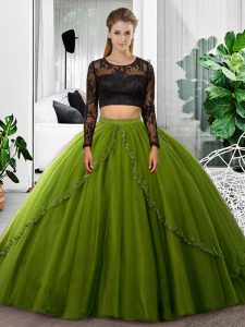 Chic Scoop Long Sleeves Backless Sweet 16 Dress Olive Green Tulle
