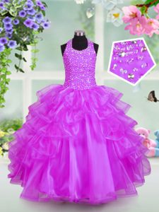 Halter Top Floor Length Lace Up Kids Formal Wear Lilac for Party with Beading and Ruffled Layers