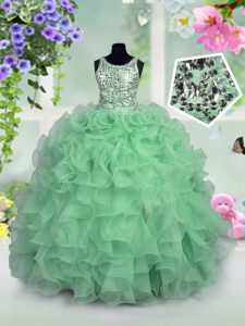 Scoop Sleeveless Girls Pageant Dresses Floor Length Ruffles and Sequins Apple Green Organza