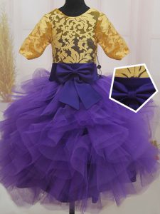 Scoop Mini Length Eggplant Purple and Gold Kids Pageant Dress Tulle Short Sleeves Lace and Ruffles and Bowknot