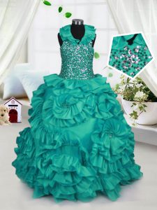 Turquoise Halter Top Neckline Beading and Ruffles Little Girls Pageant Gowns Sleeveless Zipper