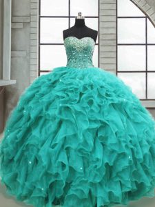 Latest Turquoise Ball Gowns Beading and Ruffles 15 Quinceanera Dress Lace Up Organza Sleeveless Floor Length