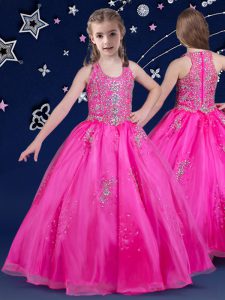 Cute Scoop Sleeveless Pageant Gowns For Girls Floor Length Beading Fuchsia Organza