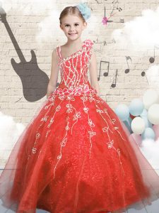 Appliques Little Girl Pageant Dress Orange Red Lace Up Sleeveless Floor Length