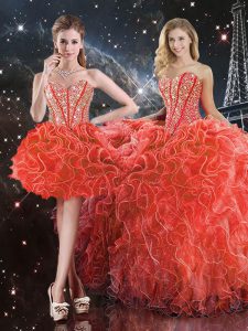 Ball Gowns Vestidos de Quinceanera Coral Red Sweetheart Organza Sleeveless Floor Length Lace Up