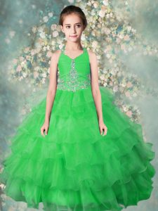 Best Halter Top Green Sleeveless Beading and Ruffled Layers Floor Length Child Pageant Dress