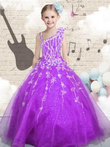 Floor Length Purple Girls Pageant Dresses Organza Sleeveless Beading and Appliques and Hand Made Flower
