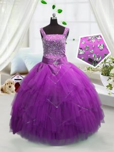 Straps Sleeveless Little Girl Pageant Gowns Floor Length Beading and Ruffles Fuchsia Tulle