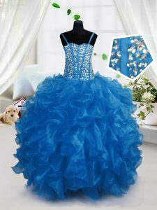 Blue Sleeveless Beading and Ruffles Floor Length Little Girls Pageant Dress Wholesale