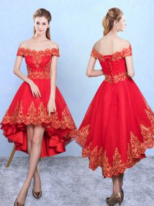 Fantastic Sleeveless High Low Appliques Lace Up Vestidos de Damas with Wine Red