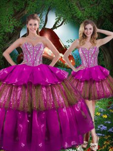 Sleeveless Floor Length Beading and Ruffled Layers and Sequins Lace Up Vestidos de Quinceanera with Multi-color
