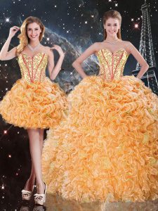 Beading and Ruffles Ball Gown Prom Dress Orange Lace Up Sleeveless Floor Length