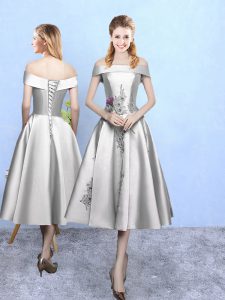 Shining Silver Damas Dress Prom and Party with Appliques Off The Shoulder Sleeveless Lace Up