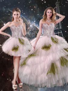 Three Pieces Sweet 16 Dresses Champagne Sweetheart Tulle Sleeveless Floor Length Lace Up
