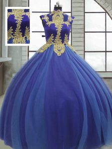Unique Royal Blue Tulle Lace Up High-neck Sleeveless Floor Length 15 Quinceanera Dress Appliques