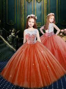 Wonderful Orange Red Ball Gowns Scoop Sleeveless Tulle Floor Length Clasp Handle Appliques Little Girl Pageant Dress