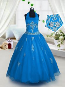 Great Halter Top Floor Length A-line Sleeveless Aqua Blue Girls Pageant Dresses Lace Up