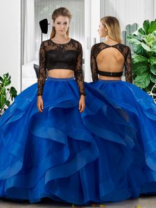 Scoop Long Sleeves 15th Birthday Dress Floor Length Lace and Ruffles Blue Tulle