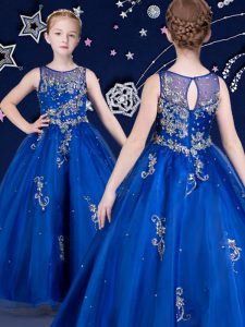 Royal Blue Ball Gowns Organza Scoop Sleeveless Beading and Appliques Floor Length Zipper Child Pageant Dress