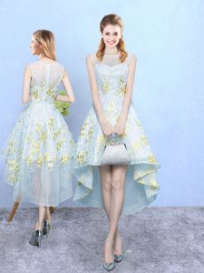 Elegant Tulle Sleeveless High Low Vestidos de Damas and Appliques and Pattern