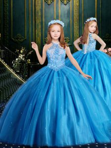 Baby Blue Ball Gowns Halter Top Sleeveless Tulle Floor Length Lace Up Beading and Sequins Girls Pageant Dresses