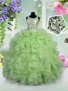 Scoop Sleeveless Floor Length Ruffles and Sequins Zipper Pageant Gowns For Girls with Apple Green