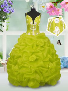 Exquisite Pick Ups Floor Length Yellow Green Little Girl Pageant Gowns V-neck Sleeveless Lace Up