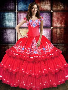 Traditional Coral Red Ball Gowns Taffeta Off The Shoulder Sleeveless Embroidery and Ruffled Layers Floor Length Lace Up Vestidos de Quinceanera