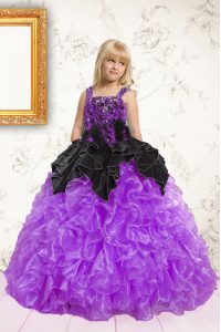 Black and Purple Straps Neckline Beading and Ruffles Little Girls Pageant Gowns Sleeveless Lace Up