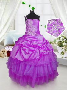 One Shoulder Sleeveless Satin and Tulle Child Pageant Dress Beading and Ruffled Layers and Pick Ups Lace Up