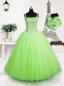 Trendy Apple Green Straps Lace Up Beading and Sequins Little Girls Pageant Gowns Sleeveless
