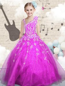 Custom Made Floor Length Fuchsia Little Girl Pageant Dress Asymmetric Sleeveless Lace Up