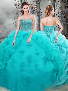Organza Sweetheart Sleeveless Lace Up Beading and Appliques and Pick Ups Ball Gown Prom Dress in Aqua Blue