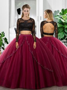 Super Two Pieces Ball Gown Prom Dress Fuchsia Scoop Tulle Long Sleeves Floor Length Backless