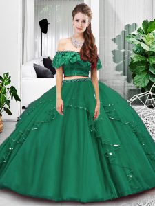 Dark Green Sleeveless Tulle Lace Up Quince Ball Gowns for Military Ball and Sweet 16 and Quinceanera