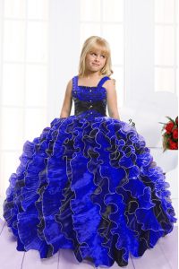 Floor Length Ball Gowns Sleeveless Blue And Black Kids Formal Wear Lace Up