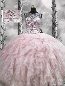Lovely Sleeveless Tulle Floor Length Zipper Quinceanera Gown in Pink with Beading and Ruffles