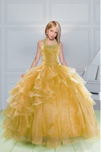 On Sale Ball Gowns Kids Formal Wear Orange Halter Top Organza Sleeveless Floor Length Lace Up