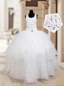 Trendy Halter Top Sleeveless Floor Length Beading and Ruffled Layers Lace Up Little Girls Pageant Dress Wholesale with White