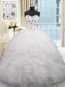 Traditional Sweetheart Sleeveless Quinceanera Gowns Brush Train Beading and Ruffles White Organza