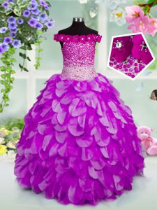 Discount Off the Shoulder Lavender Sleeveless Organza Lace Up Little Girls Pageant Gowns for Party and Wedding Party