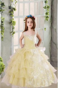 Light Yellow Ball Gowns Square Sleeveless Organza Floor Length Lace Up Lace and Ruffled Layers Child Pageant Dress