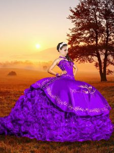Sweetheart Sleeveless Quinceanera Dresses Brush Train Embroidery Lavender Organza