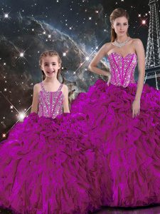 Customized Fuchsia Ball Gowns Beading and Ruffles 15th Birthday Dress Lace Up Organza Sleeveless Floor Length