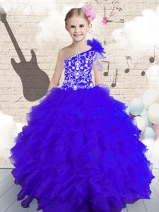Enchanting Navy Blue One Shoulder Neckline Embroidery and Ruffles and Hand Made Flower Girls Pageant Dresses Sleeveless Lace Up