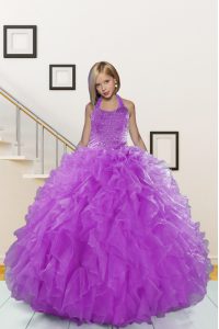 Glorious Halter Top Sleeveless Lace Up Floor Length Beading and Ruffles Pageant Gowns For Girls