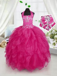 Perfect Halter Top Sleeveless Little Girls Pageant Dress Floor Length Appliques and Ruffles Fuchsia Organza