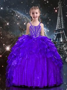 Wonderful Beading and Ruffles Little Girl Pageant Dress Dark Purple Lace Up Sleeveless Floor Length