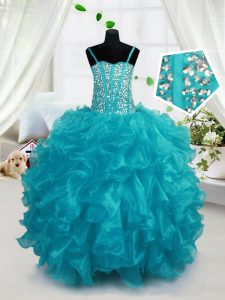 Floor Length Lace Up Kids Pageant Dress Aqua Blue for Party and Wedding Party with Beading and Ruffles